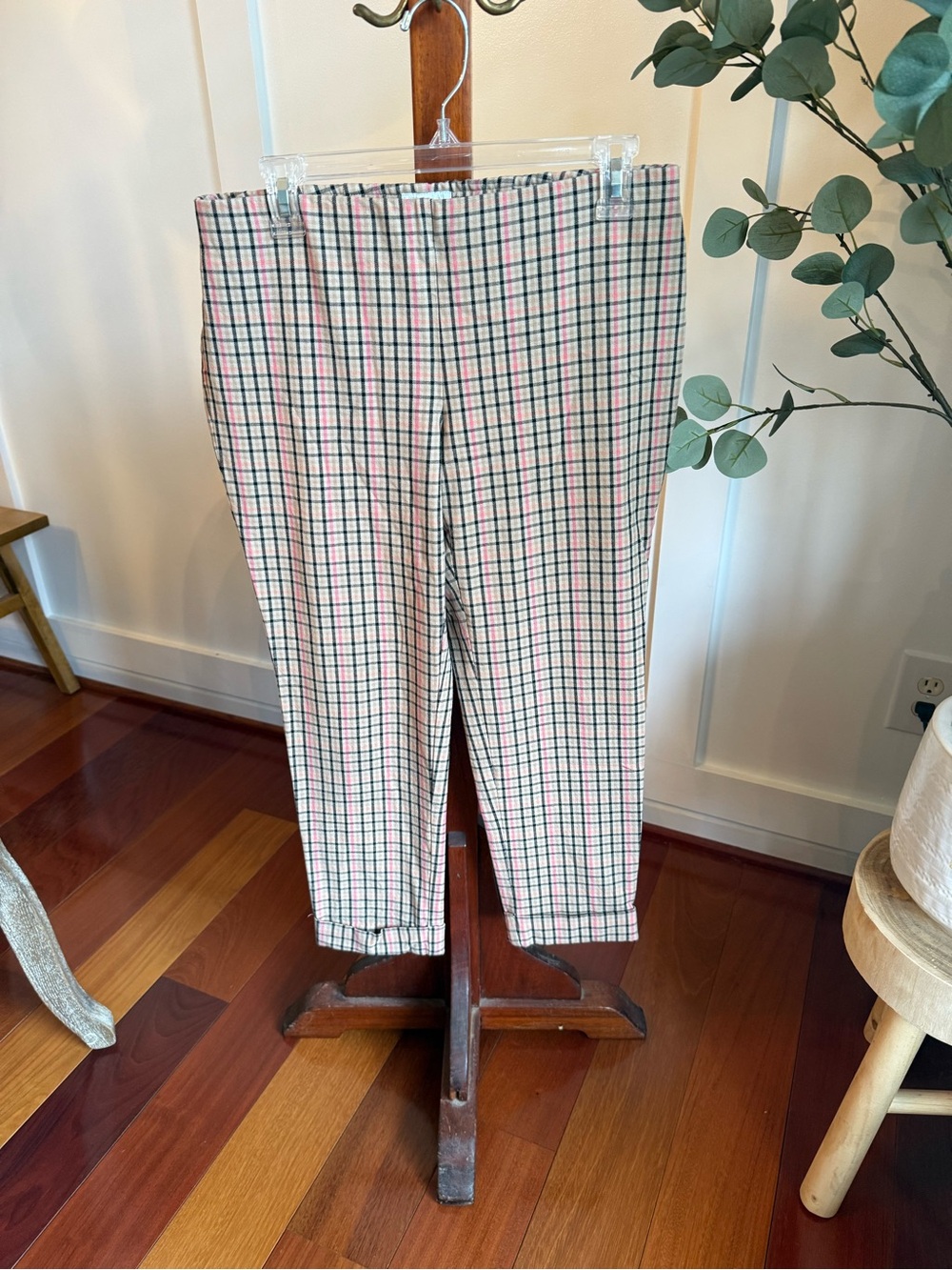 JJill Plaid Tailored Pants with cuff - Tan with Red Black stripes
